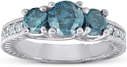 P3 Pompeii3 1.5 Ct Three-Stone Vintage Engagement Ring with Blue and White Diamonds, 14k White Gold