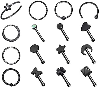 WASOLIE 16 PCS Nose Rings for Women 316L Stainless Steel Nose Piercings Jewelry Screw Men Nose Studs Rings.