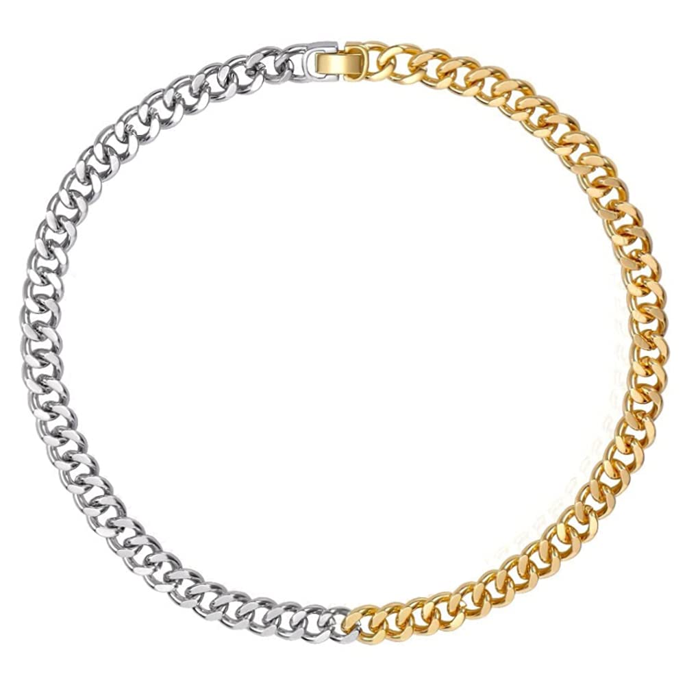 WOWORAMA Two Tone Gold Silver Cuban Link Chain Necklace Choker Unisex Chunky Chain Choker Necklace for Women Men, 18"