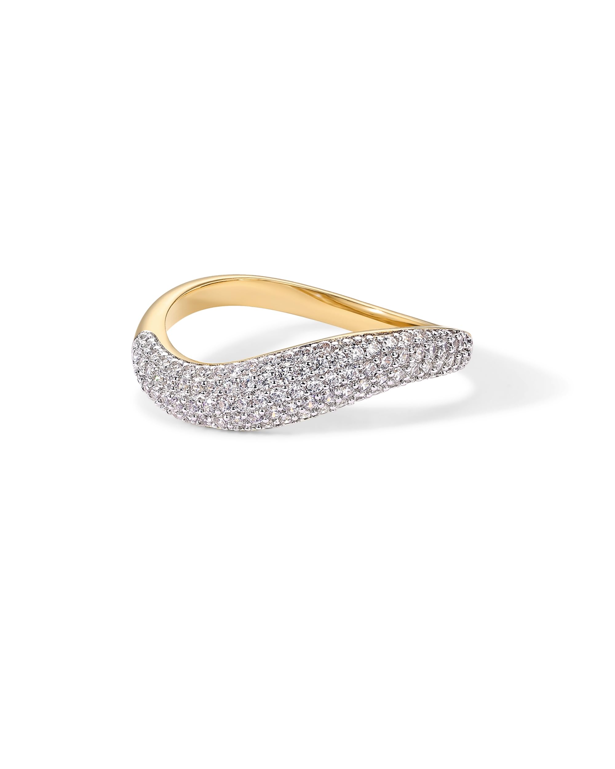 PAVOI 14K Gold Plated Wavy Cubic Zirconia Stackable Ring for Women | Twisted Wave CZ Band | Delicate Eternity Rings