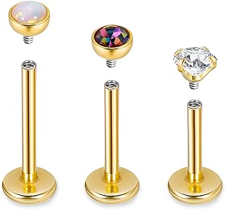 G23 Titanium Threaded Nose Stud Set with Cubic-Zirconia Inlays - Ideal for Sensitive Skin - Three Sizes: 6MM, 8MM, 10MM - Internally Threaded Labret Monroe Lip, Cartilage, Tragus, Conch Piercings