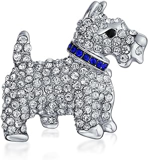Large Statement Blue Or Pink Crystal Collar White Enamel Westie Scottie Terri Dog Pet Animal Scarf Brooch Pin For Women Teens Silver Tone Rhodium Plated 1.3 Inch