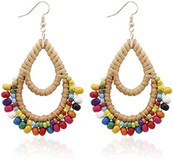 Bohemian Rattan Wooden Beads Handmade Circle/Teardrop Earrings Dangle Drop Jewelry for Women Girls
