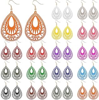 16-Pair Bohemian Natural Wood and Alloy Teardrop Dangle Earrings Set with French Wire Back Findings for Women