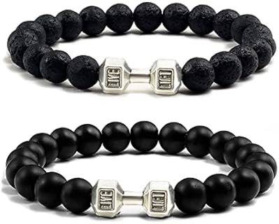 Choistily Black Dumbbell Bracelet for Men Gym Bros Bracelet Fitness Barbell Bracelet Natural Volcanic Lava Stone Adjustable Black Beads Bracelet Fitness Jewelry for Men