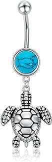 925 Sterling Silver Clasp, Genuine Turquoise Belly Ring with Turtle Design, 14 Gauge Dangle for Women and Girls, Perfect Summer Beach Accessory