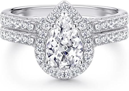 Sterling Silver Pear-Shaped Moissanite Engagement and Wedding Ring Set for Women, Platinum-Plated, 2-Carat Center Stone, Size 5.5