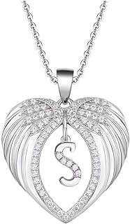 925 Sterling Silver Cable Chain Necklace with Angel Wing Pendant, Embellished with Cubic Zirconia Initial Letter A-Z for Women, Heart Shaped Design