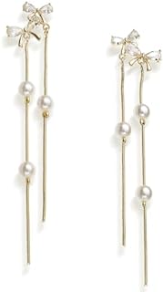 Sonateomber Bow Dangle Drop Tassel Earrings for Women Girls Elegant Sparkly Cubic Zirconia Chain Fringe Earings Ribbon Pearl Heart Dangling Valentine Prom Wedding Fashion Jewelry Gifts