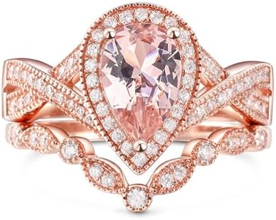 Jeulia 1.2ct Gemstone Engagement Ring Set for Women, Halo 2PCS Pear Cut Sterling Silver Rose Gold Wedding Band Ring Morganite Vintage Promise Bridal Jewelry with Gift Box