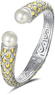 Dragon Scale-Inspired Cable Chain Cuff Bracelet, No-Clasp Silver & Gold Plated, Elegant Imitation Pearl Accent for Women, Unique Designer Gift
