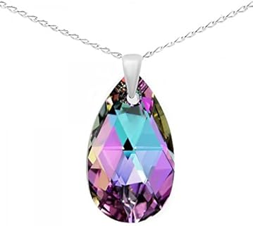 Sterling Silver 925 Made with Imitation of Crystals Pink Purple Blue Teardrop Pendant Necklace,18"
