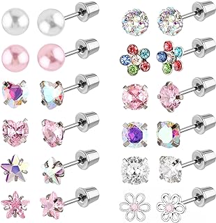 Lusofie 12Pairs Flat Back Earrings Set Pink Screw Back Stud Earrings Surgical Steel Heart Flower Pearl Ball CZ Stud Earrings Set for Women