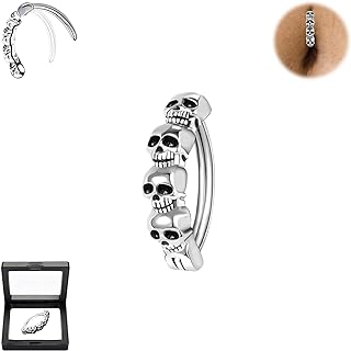 BodyAce 925 Sterling Silver Skull Belly Button Rings, 14G Clicker Belly Barbell Navel Rings for Men Women, 16G Reverse Curved Punk Belly Piercing Jewelry