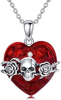 Crystal Skull Necklace with Sterling Silver Rolo Chain for Men and Women, Gothic Pentagram Skull and Rose Design