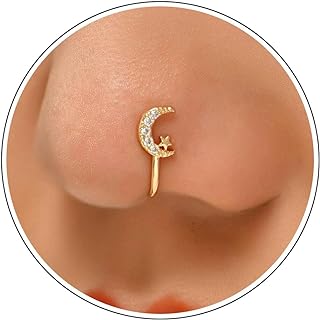 CZ Fake Nose Ring for Women Gold Moon Star Septum Nose Rings Indian U Shaped Clip on Nose Cuff Faux Diamond Moon Star Bendable Nose Ring Stud Non Piercing Body Halloween Jewelry