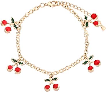 HUJUON Cute Cherry Tassel Strawberry Bracelet Cherry Green Leaves Fruit Bracelet for Women Girl's Food Chain Bracelet