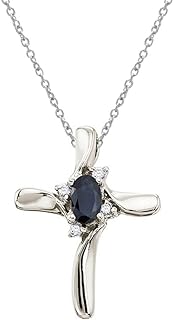 Stunning 10k White Gold Sapphire & Diamond Cross Pendant Necklace with 18" Cable Chain & Secure Spring Ring Clasp, U.S. Made