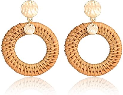 Woven Rattan Hoop Earrings with Alloy Push Back for Women in Bohemian Design