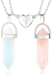 Magnetic Clasp Opal and Rose Quartz Crystal Couples Necklace with Cable Chain for Women & Men, Heart Design