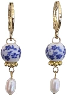 Delicate Blue White Floral Porcelain Freshwater Pearl Hoop Earrings with Alloy Steel and Titanium for Everyday Wear