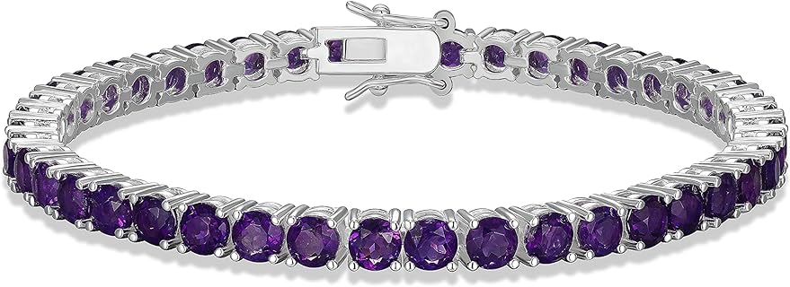 Amethyst Sterling Silver Tennis Bracelet with Box With Tongue Clasp for Women, Round Cut Design by Morgan & Paige