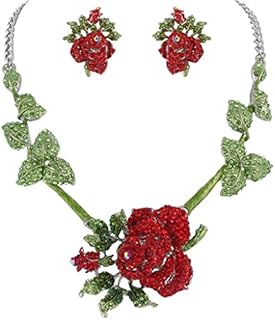 EVER FAITH Women's Costume Jewelry Set Austrian Crystal Rose Flower Statement Necklace Stud Earrings Set for Prom