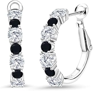 Sterling Silver Lever Back Hoop Earrings with White Moissanite and Black Onyx for Women, Elegant Round 4MM and 3MM Design
