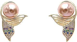 Huggie Mermaid Tail Shell Pearl Stud Earrings for Women Girls Cubic Zirconia Hypoallergenic Small Fish Fin Cartilage Tragus 925 Sterling Silver Post Pin Ocean Sea Jewelry for bridesmaid