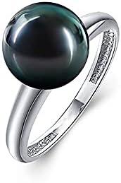 14K White Gold Natural Tahitian Pearl Ring Diamonds Engagement Wedding Band for Women