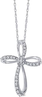 Elmas 10K White Gold Men's Cross Pendant Necklace with White-Diamond Accents, Rope Chain, and Spring Ring Clasp
