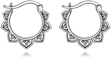 925 Sterling Silver Boho Lotus Hoop Earrings with Hinged Hoop Back Finding for Women and Girls