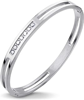 Women's Cubic Zirconia Studded Stainless Steel Cuff Bangle Bracelet with Buckle Lock by 555Jewelry