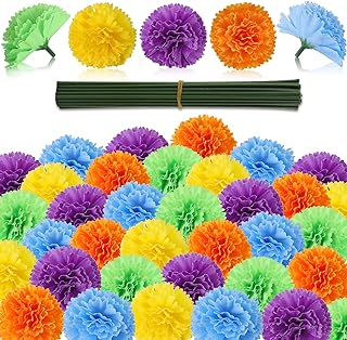 50 Pcs Marigold Flower Heads Bulk, Colorful Silk Marigold with Stems DIY Marigold Garland Artificial Day of The Dead Decoration Dia De Los Muertos Halloween Decor Diwali Garland