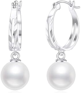 10k Gold Freshwater Cultured Pearl Hoop Earrings for Women Dangle, Solid 10 Karat Gold Jewelry Gifts for Her