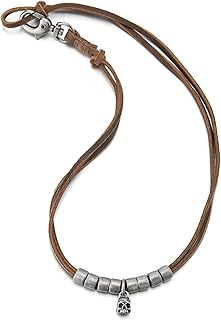 Vintage Alloy Skull Bead Pendant Necklace with Lobster Claw Clasp and Adjustable Brown Leather Cord for Men and Women