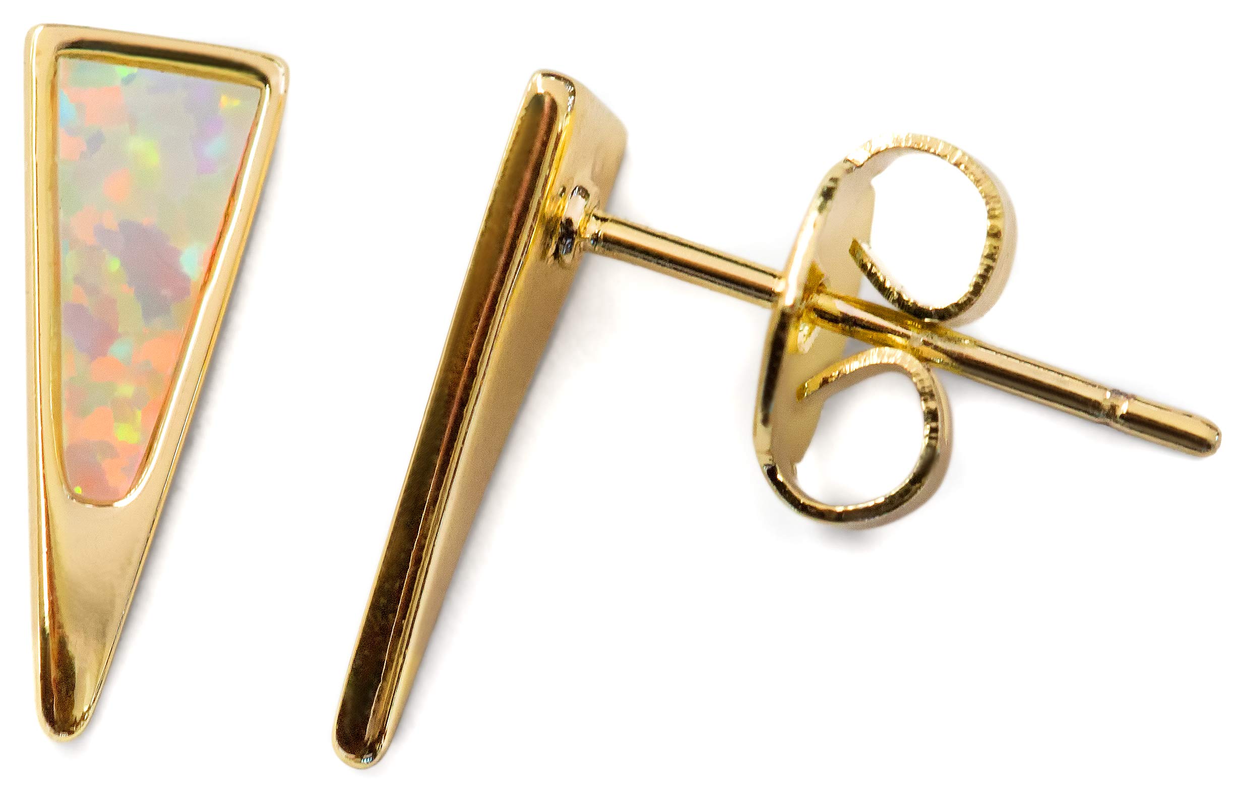 Gold-Plated Stainless Steel Push Back, Opal-Gemmed Triangle Stud Earrings for Women, Minimalist Dagger Design - Ideal Gift for Mom