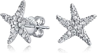 Push-Back Ocean Stud Earrings with Cubic Zirconia Gems for Women, Rhodium-Plated Silver Starfish Design