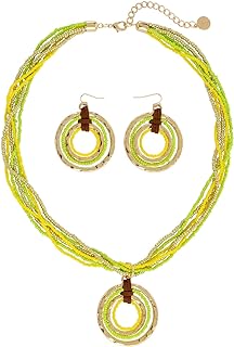 Multi Strand Seed Beaded Necklace with Circle Pendant Chunky Bib Statement Beads Cluster Collar Necklace Set for Women