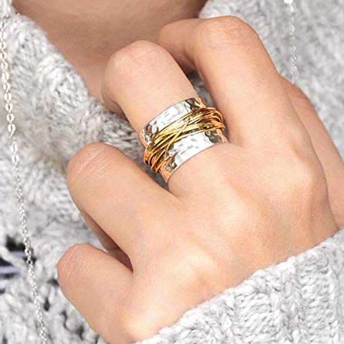 925 Sterling Silver Band Ring for Women with Brass Wrap Wide Statement Ring