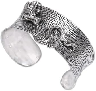 Sterling Silver No-Clasp Handcrafted Dragon Cuff Bracelet With Animal Design, For Men And Women, From Indonesia