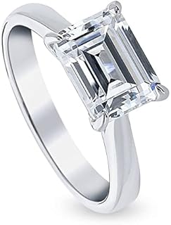BERRICLE Sterling Silver Solitaire Wedding Ring with East-West Cubic Zirconia Gem, Emerald Cut Design, Promise/Engagement Ring for Women - Rhodium Plated, Size 5