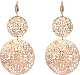 Boucles d'oreilles pendantes pour femmes, en acier inoxydable or rose avec cristal et design de fleur creux, 5.5 cm, parfaites pour soirées et cadeaux élégants