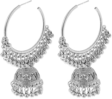 Dangle Retro Indian Jhumki Bell Huggie Hoop Statement Earrings Bollywood Oxidized Traditional Jhumka Style Drop Big Open Hoops Earring Boho Jewelry Gift for Women Girls BBF