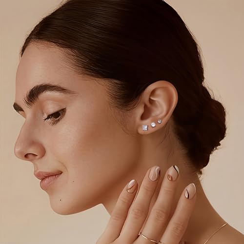 5 Pairs Sterling Silver Stud Hoop Earrings Set for Multiple Piercing, Hypoallergenic 925 Sterling Silver Small Cubic Zirconia Earrings Studs Cartilage Huggie Hoops for Women Teen Girls