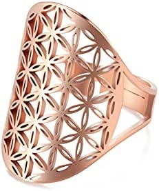Women's Amaxer Stainless Steel Adjustable Ring with Cutout Flower of Life Mandala Design, Hypoallergenic & Tarnish Resistant Statement Jewelry