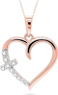 Mothers Day Gifts Diamond Sideway Heart Cross Pendant Necklaces for Women - 18K Gold Over 925 Sterling Silver with 1/20 Cttw Natural Diamond Along With 18"" Chain (0.05 Carat, I2 Clarity, I-J Color)