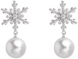 Push-Back Snowflake Dangle Earrings with Cubic Zirconia in Sterling Silver for Women - Festive Winter/Christmas Design