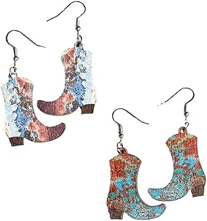 Zian Vintage Style Cowboy Boot Stud Earrings Complemented with Autumn Maple Leaf Design and High-Quality Wood Accent Ladies' Jewelry
