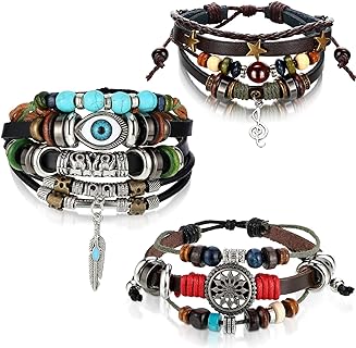 Hicarer 3 Pieces Multilayer Woven Leather Bracelets Western Bracelets Gifts for Women Beaded Bohemia Bracelet Evil Eye Boho Handmade Pu Bracelet Wristbands Bracelet for Men Women